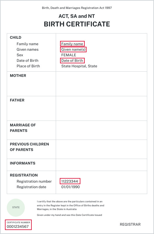 Australian birth certificate ACT, SA, NT