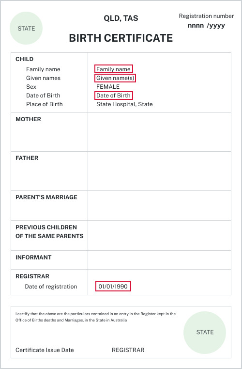 Australian birth certificate QLD, TAS